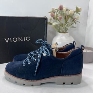 Vionic Ballari Suede Lace-Up Oxfords Loafer Shoes Navy Blue Women’s 7W NWB